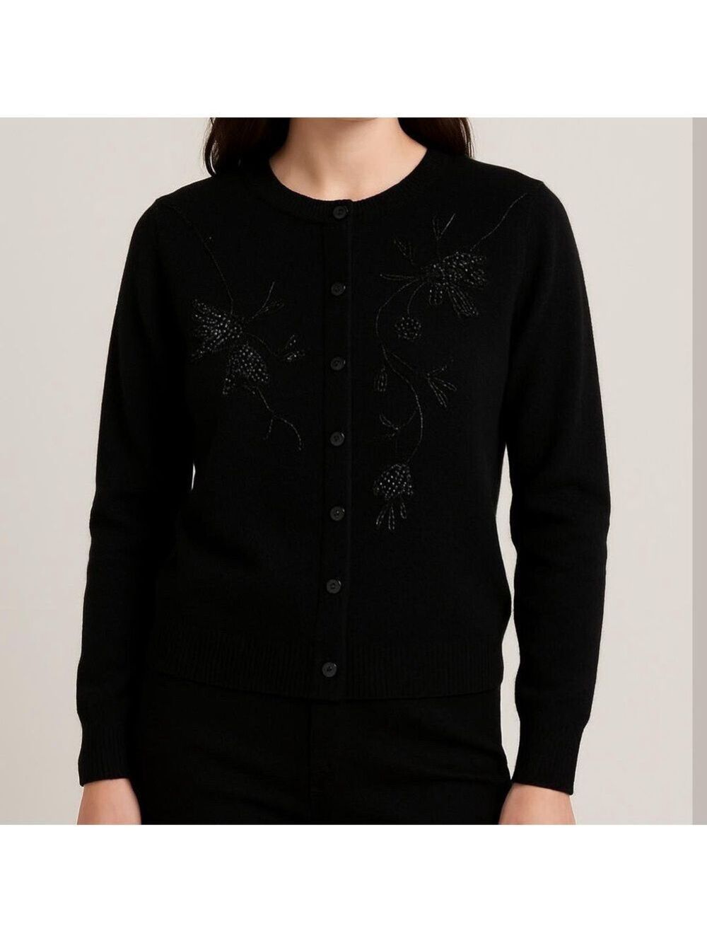 Vintage Michelle Simon cardigan button up sweater black beaded embellishments M